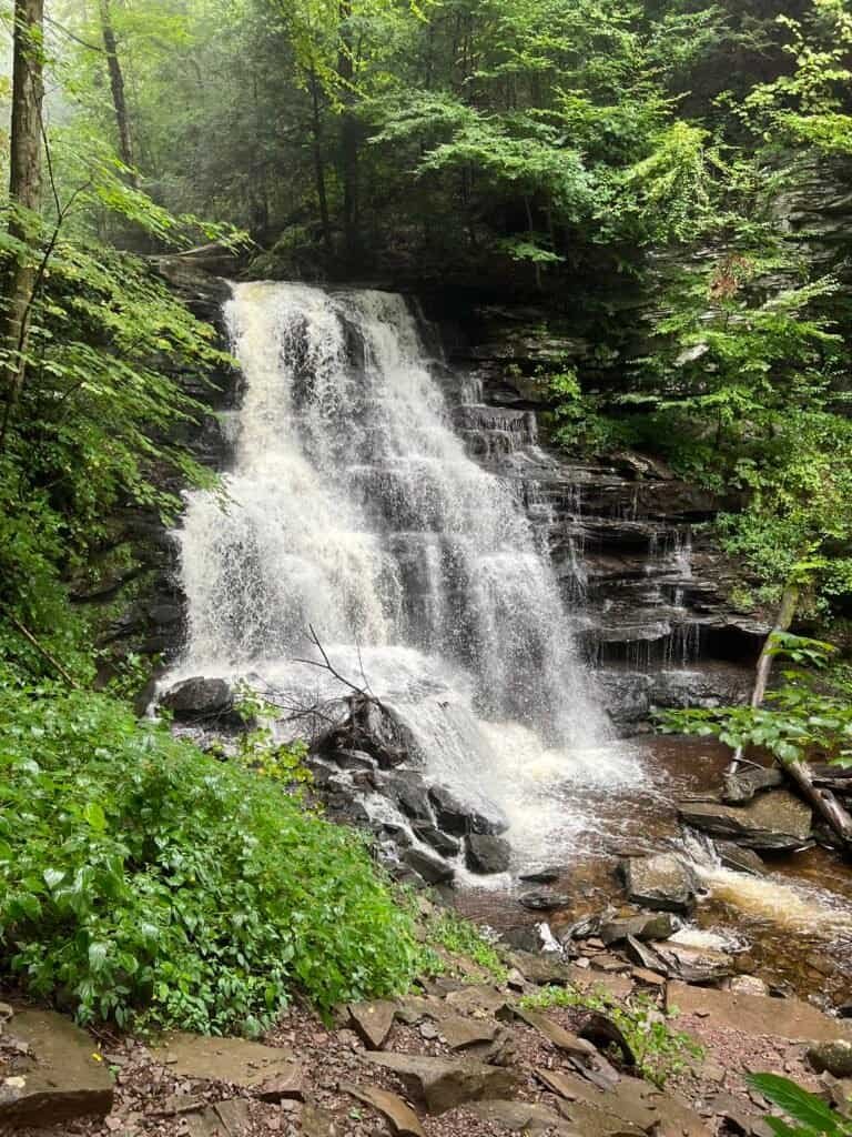 Erie Falls along the Falls Trail in Ricketts Glen State Park, a broad waterfall spilling over layered rock ledges into a shallow pool.