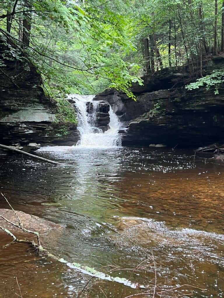 Lower pool at Murray Reynolds Falls in Ricketts Glen State Park, with calm water reflecting the surrounding rock walls and forest.