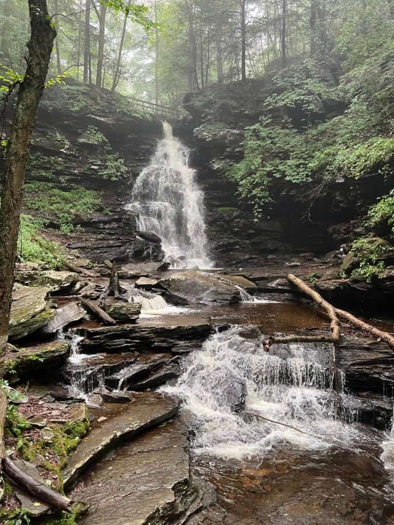 Huron Falls plunging beneath a footbridge into a rocky amphitheater on the Falls Trail in Ricketts Glen State Park.