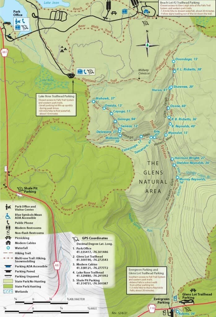 Trail map of Ricketts Glen State Park showing the Falls Trail loop, Glen Leigh and Ganoga waterfall systems, trailheads, and parking areas.