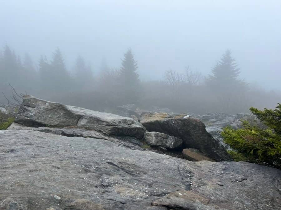 Foggy summit at Spruce Knob in West Virginia with rocks and spruce trees fading into mist at the state’s highest point