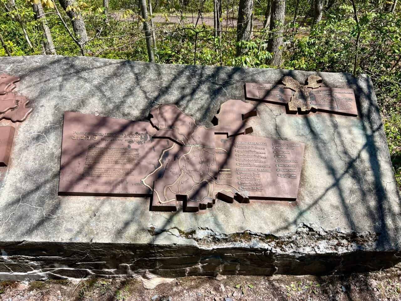 Mount Davis high point marker and trail map showing Pennsylvania’s highest elevation at 3,213 feet