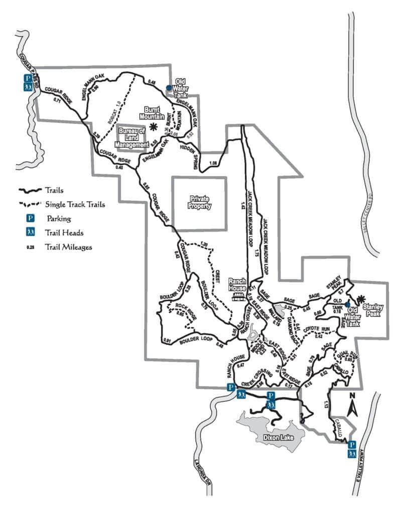 Daley Ranch trail map showing the network of hiking routes, single-track trails, trailheads, parking areas, and key landmarks including Stanley Peak, Dixon Lake, Ranch House, and Old Water Tanks in Escondido, California.