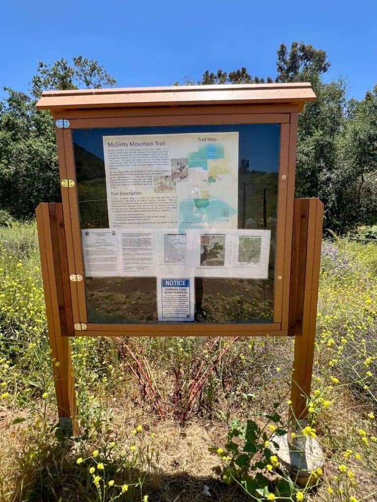 McGinty Mountain trailhead information board displaying trail descriptions, maps, and notices surrounded by wildflowers.