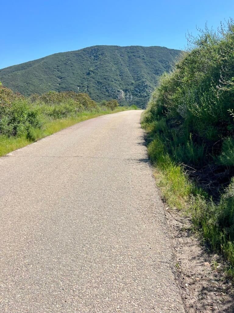 Paved section of the Lake Hodges trail with green hills rising ahead under a clear blue sky