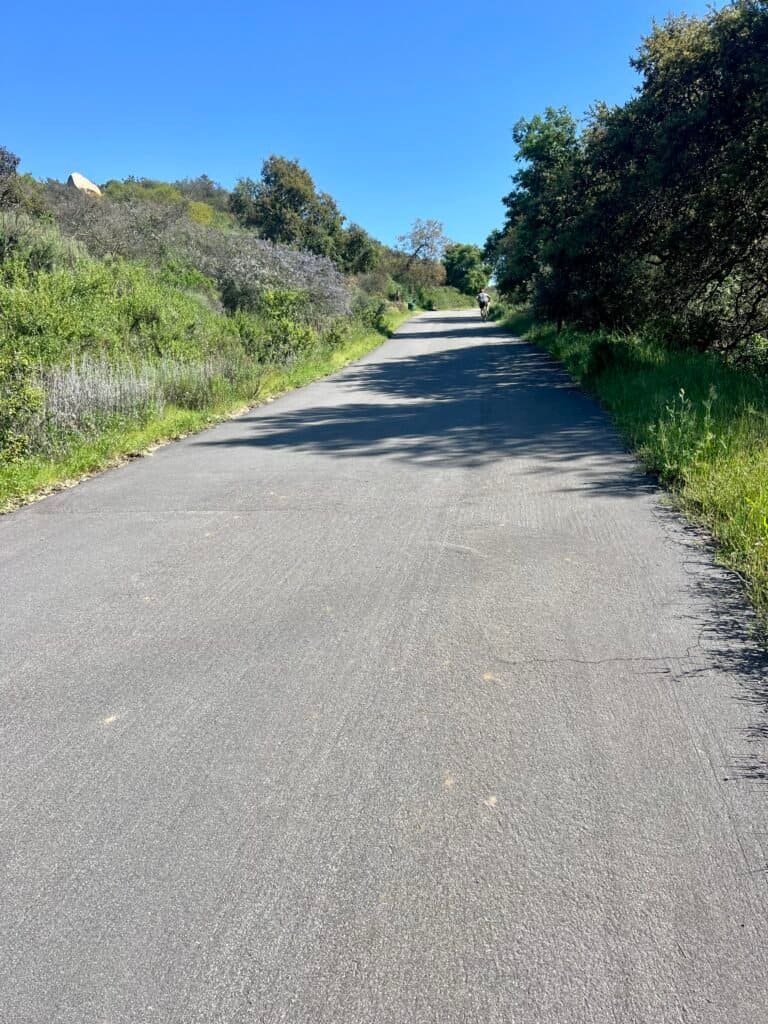 Paved Ranch House Road at Daley Ranch stretching uphill through green brush and oak trees, marking the final stretch of the hike under a clear blue sky in Escondido, California.
