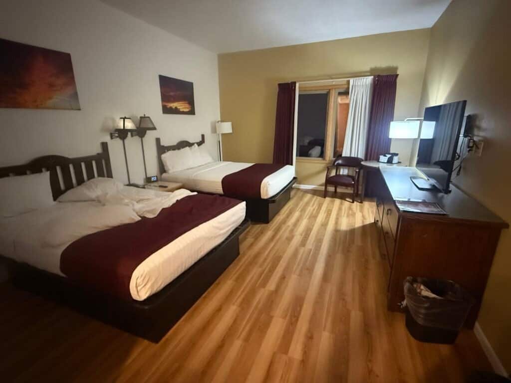 Hotel room with two beds at the Ohkay Hotel Casino near Taos, New Mexico, used as a base before climbing Wheeler Peak.