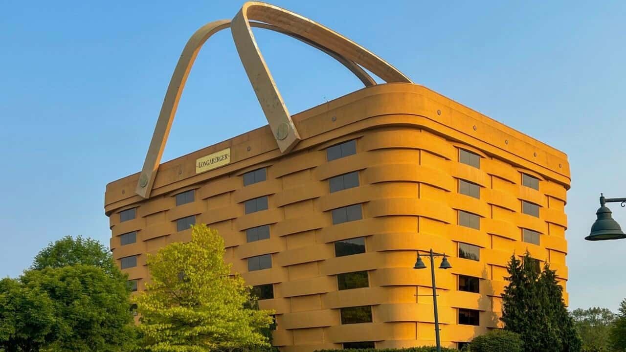 The former Longaberger Company headquarters in Newark, Ohio, a seven-story office building designed to resemble a giant woven basket