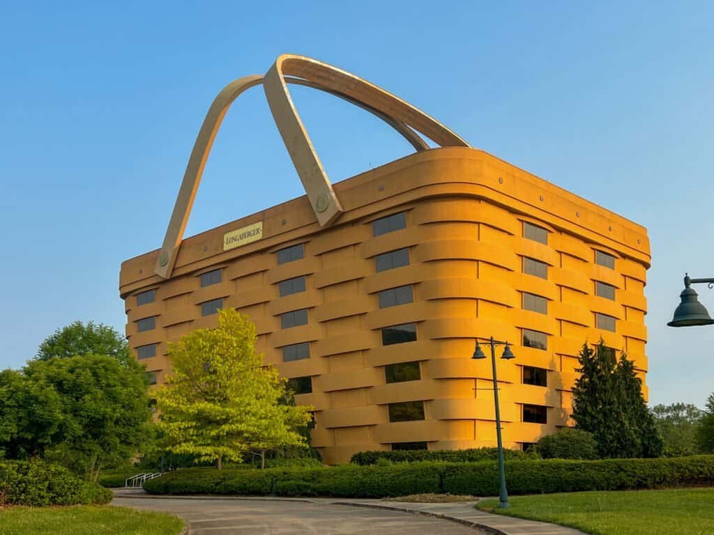 The former Longaberger Company headquarters in Newark, Ohio, a seven-story office building designed to resemble a giant woven basket