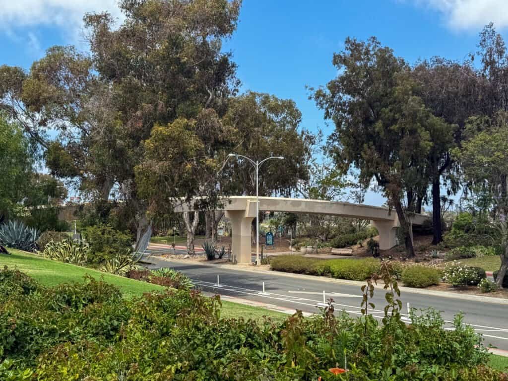 Park Boulevard Bridge connecting the Rose Garden and Cactus Garden to the main section of Balboa Park in San Diego