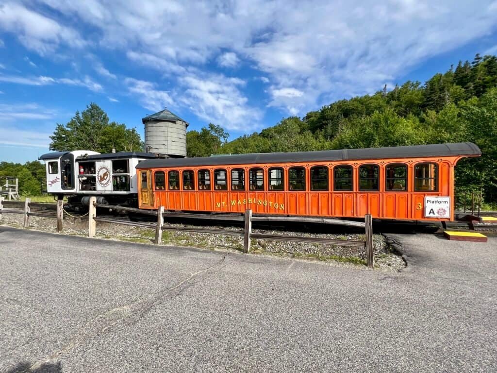Bio-diesel train of the Mount Washington Cog Railway at Marshfield Base Station in New Hampshire.