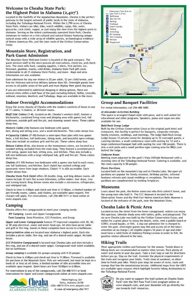 Cheaha State Park guest information map showing park entrance, facilities, lodging, camping areas, and amenities.