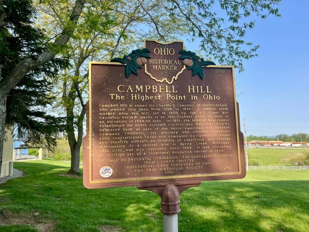 Ohio Historical Marker for Campbell Hill, the highest point in Ohio, located on the grounds of the Ohio Hi-Point Career Center