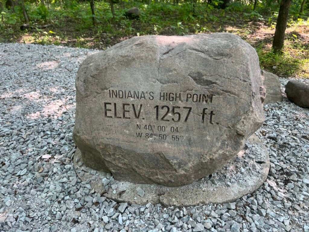Stone marking Indiana’s high point at Hoosier Hill with elevation of 1,257 feet