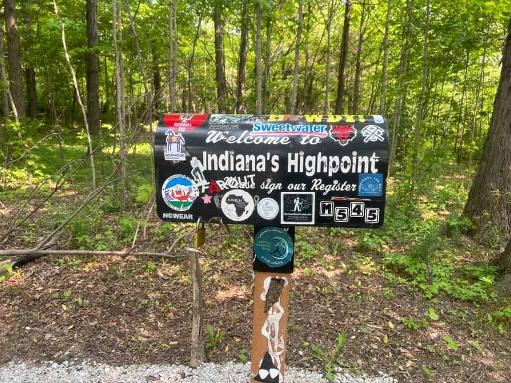 Mailbox and register at Hoosier Hill where visitors sign in at Indiana’s high point
