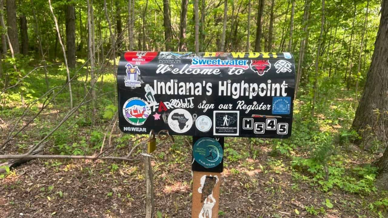 Mailbox and register at Hoosier Hill, Indiana’s state high point, surrounded by woodland