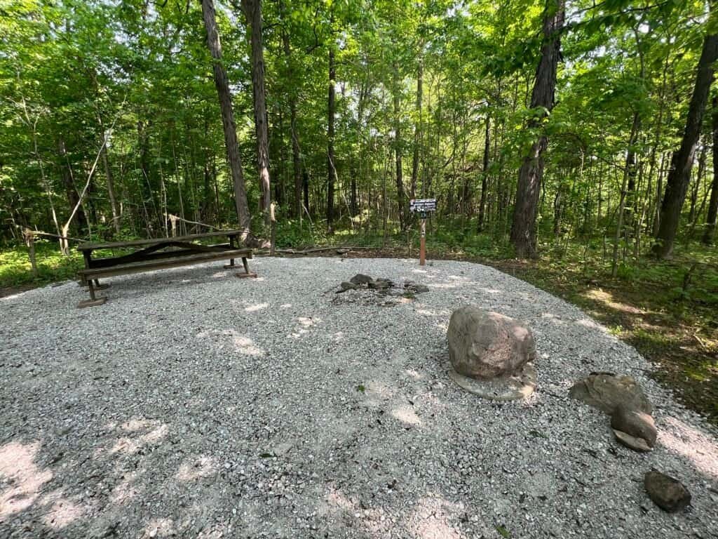 Summit clearing at Hoosier Hill with bench and marker surrounded by forest