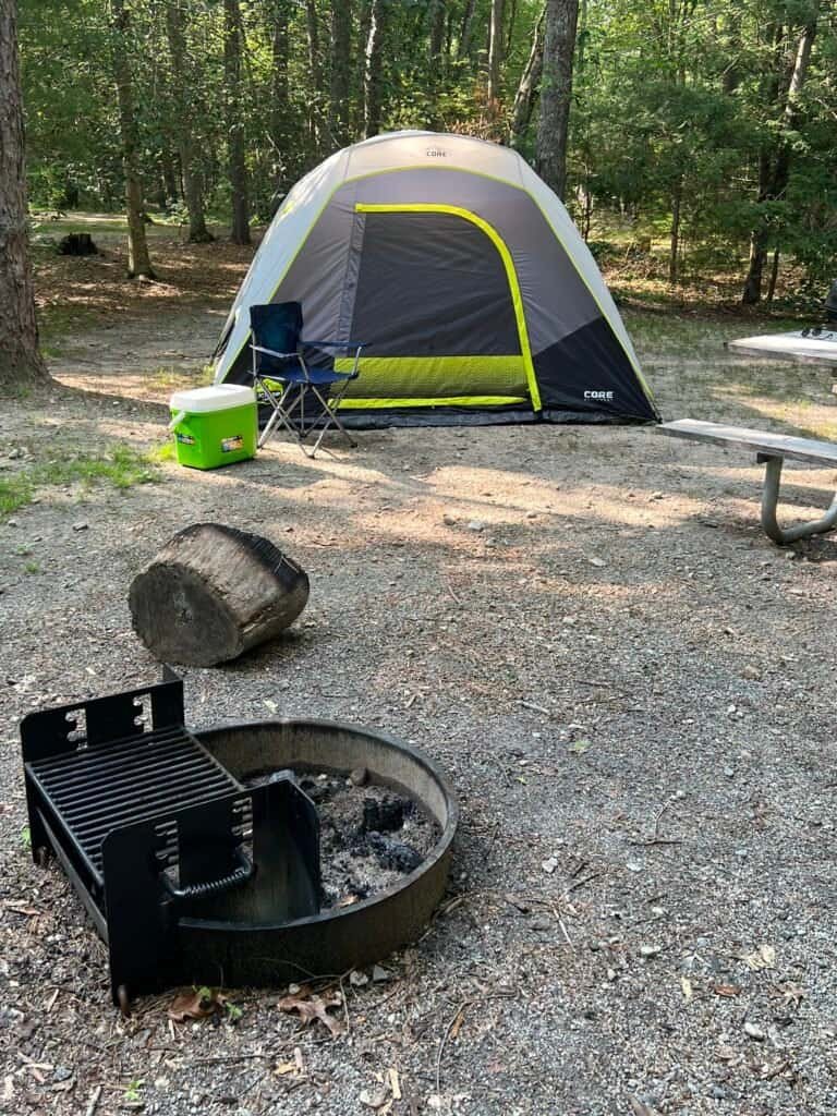 Tent and campsite setup at Pachaug State Forest in eastern Connecticut
