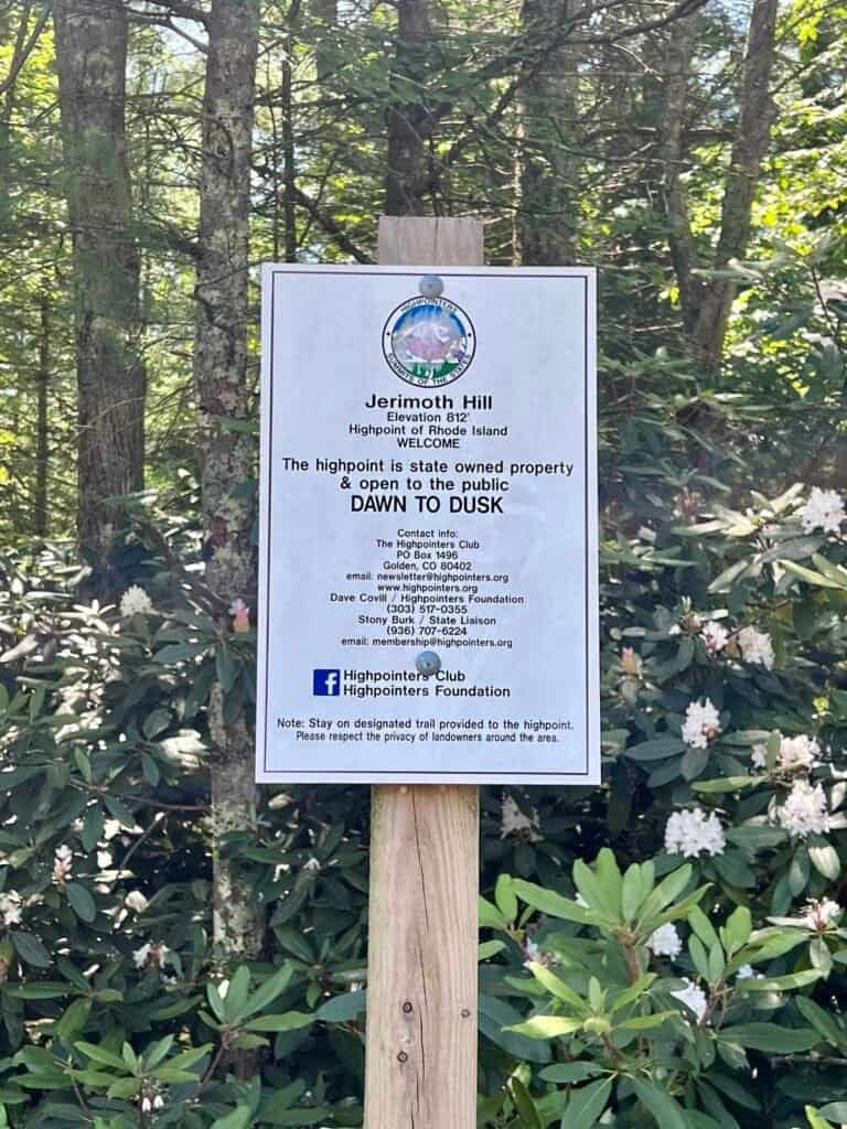 Jerimoth Hill trailhead sign marking Rhode Island’s highest point