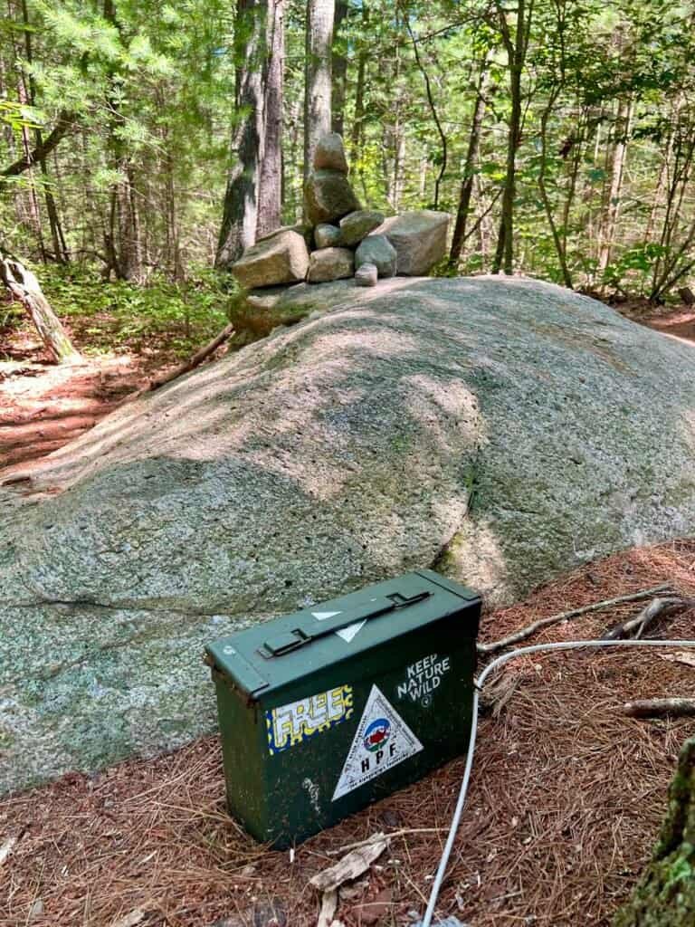 Highpointers Club ammo box near the summit of Jerimoth Hill