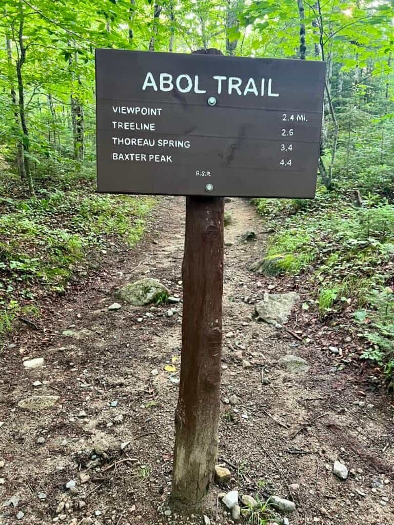 Abol Trail sign showing distances to Baxter Peak