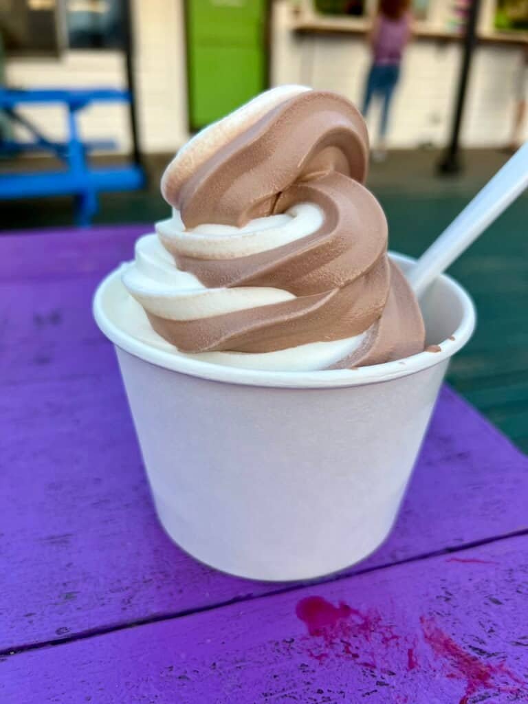 Chocolate and vanilla swirl soft-serve ice cream in a paper cup on a purple picnic table