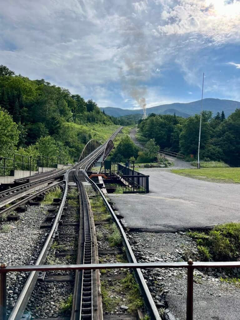 View from the Mount Washington Cog Railway tracks at Marshfield Base Station just before departure.