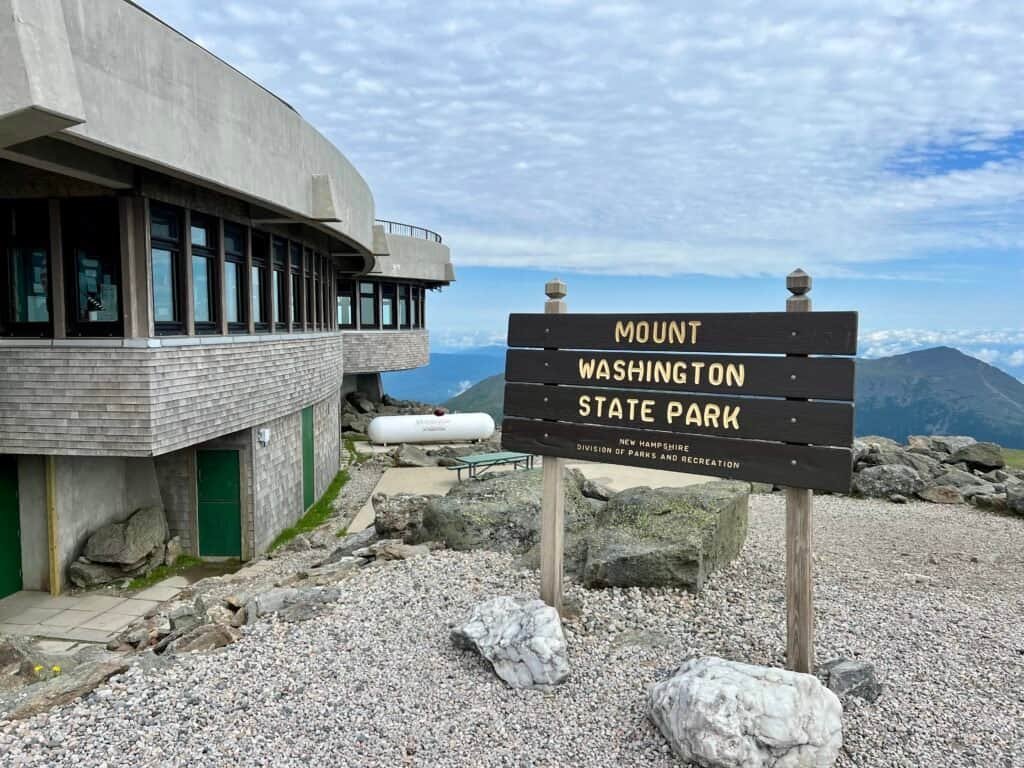 Mount Washington State Park sign near the Sherman Adams Visitor Center at the summit