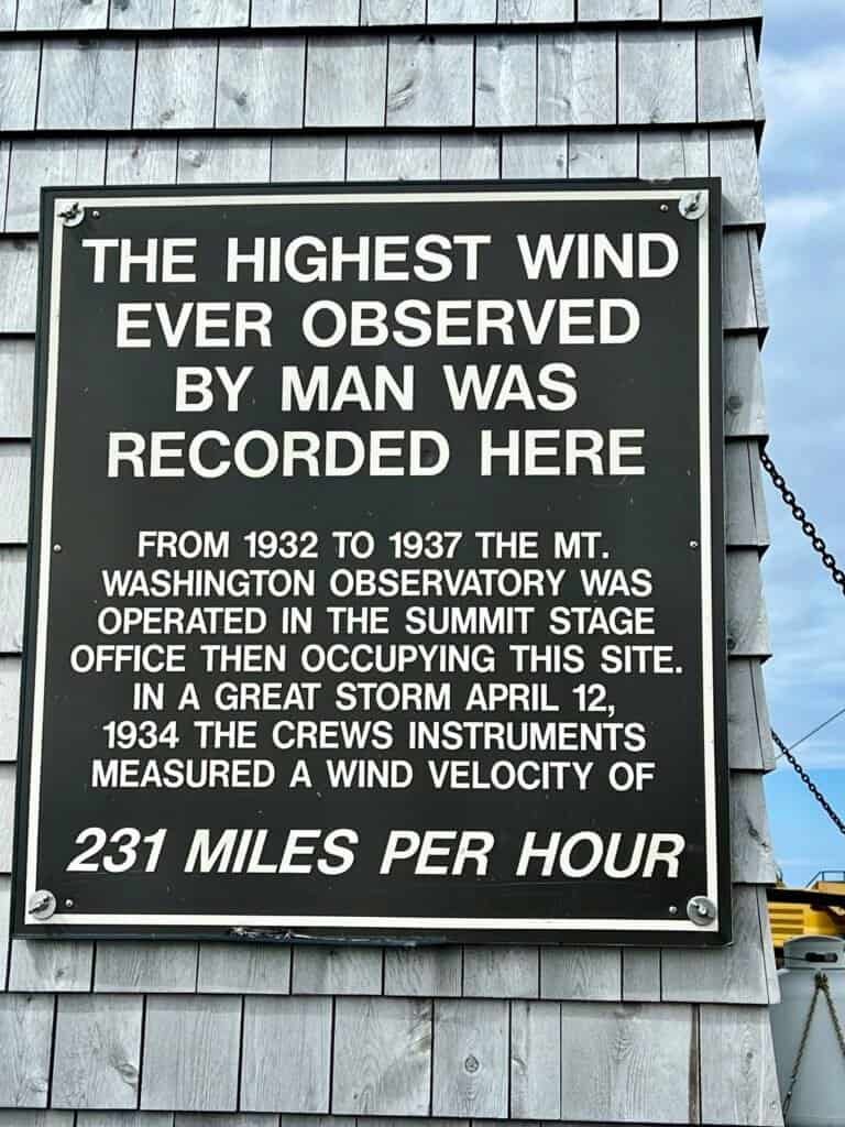 Sign at Mount Washington noting the highest wind speed ever recorded, 231 miles per hour, in 1934.