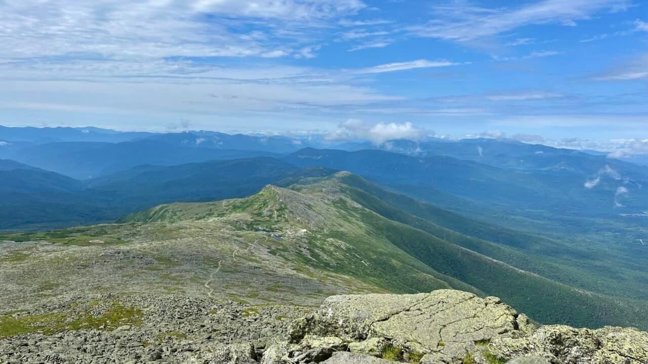 Panoramic view from the summit of Mount Washington looking across the Presidential Range and the White Mountains in New Hampshire.