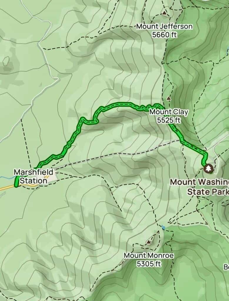 Trail map showing the Jewell Trail route from Marshfield Station to the summit of Mount Washington in New Hampshire.