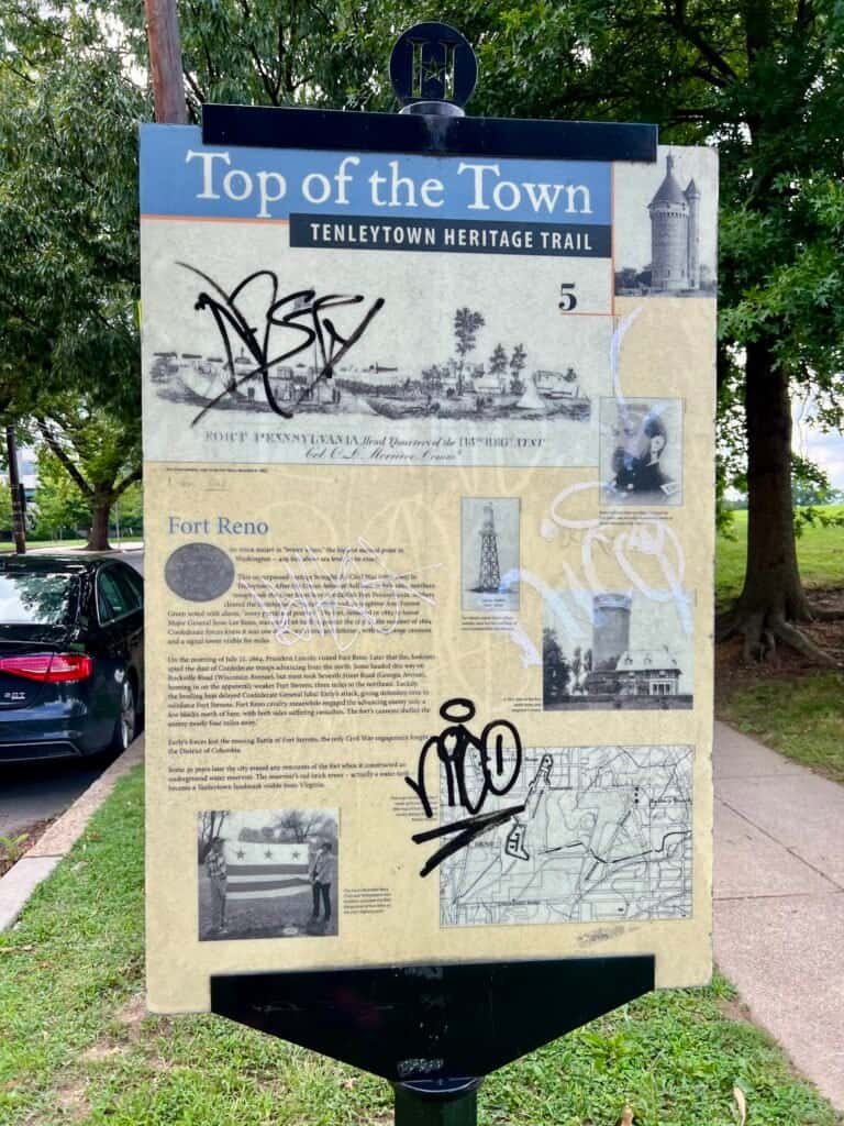 Tenleytown Heritage Trail sign at Fort Reno Park in Washington, D.C.