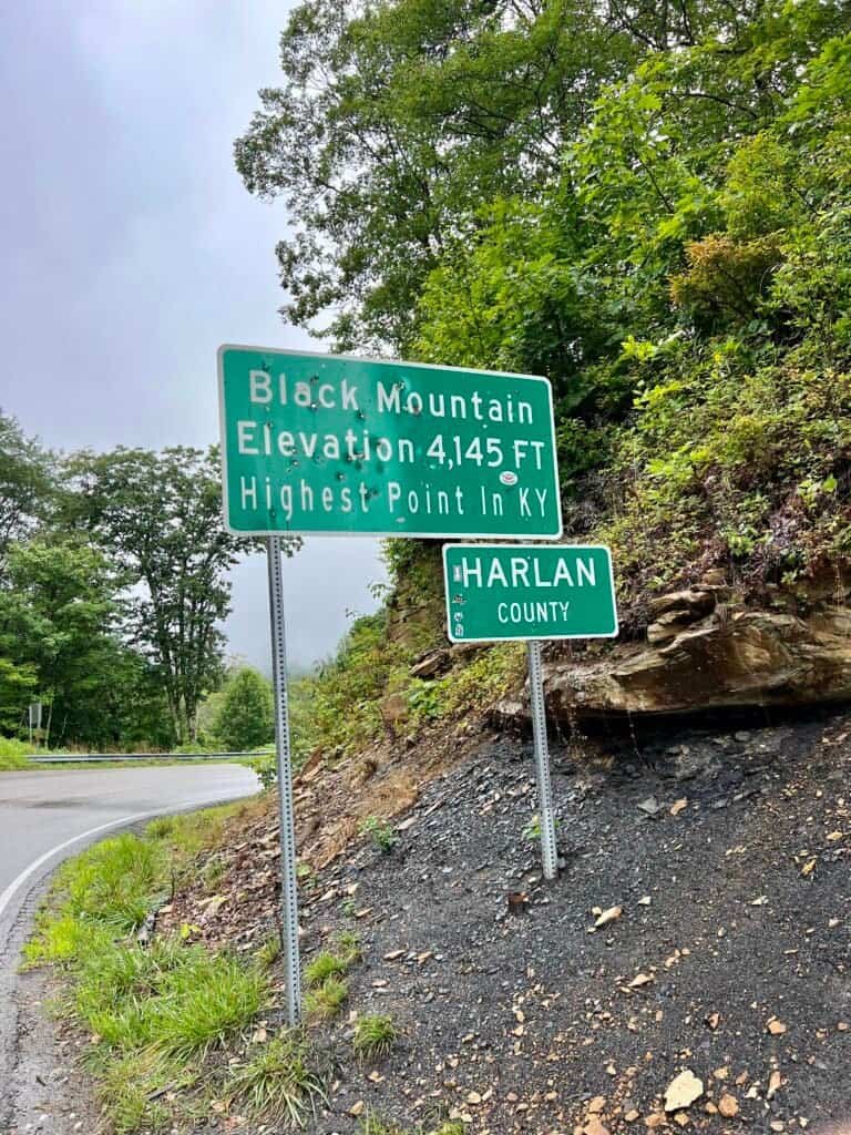 Roadside sign marking Black Mountain, the highest point in Kentucky at 4,145 feet