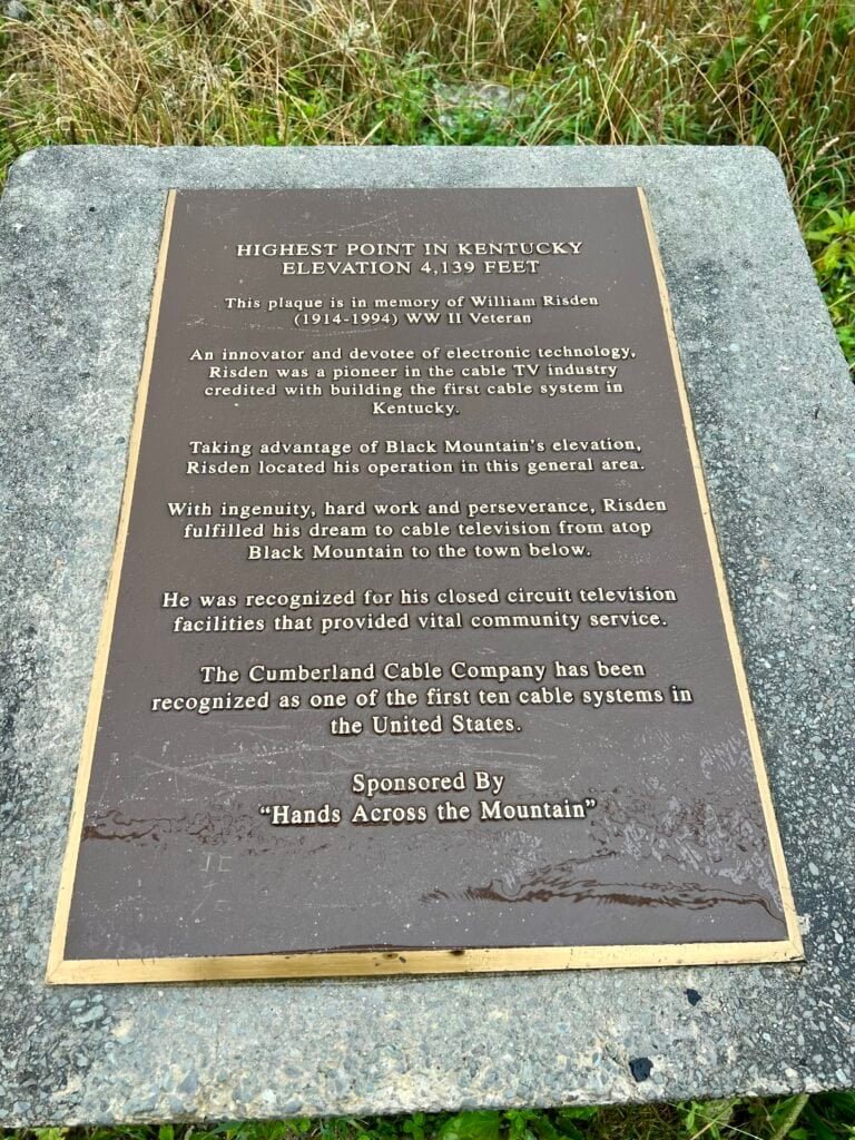 Monument and plaque honoring William Risden at the summit of Black Mountain, Kentucky
