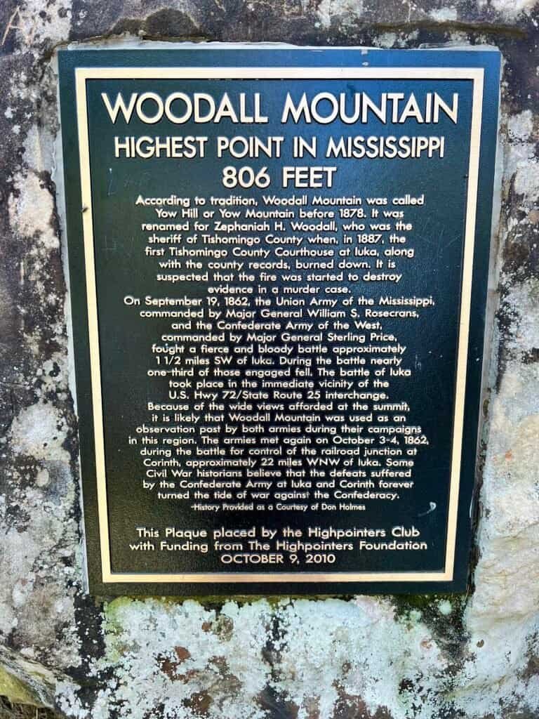 Historical plaque marking Woodall Mountain, Mississippi’s highest point