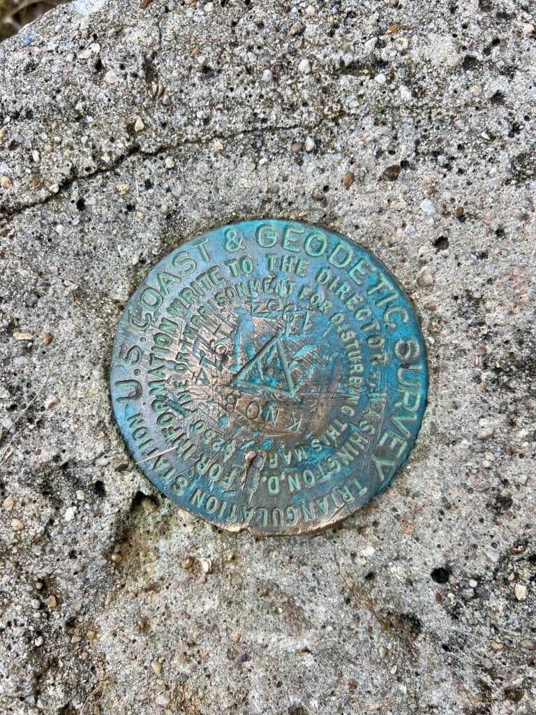 Close-up of the National Geodetic Survey disk at the summit of Woodall Mountain