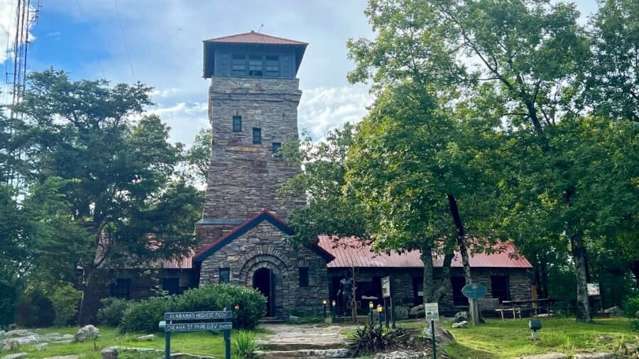 Bunker Observation Tower at Cheaha Mountain, Alabama’s highest point, surrounded by forest in Cheaha State Park.