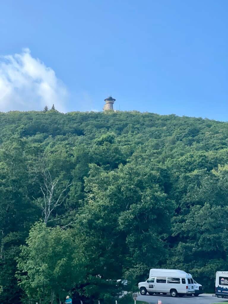 Brasstown Bald summit observation tower visible above the forested ridgeline