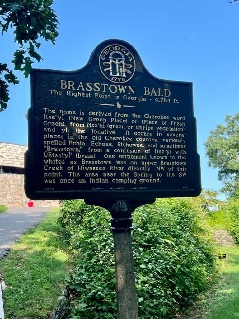 Georgia historical marker explaining the name Brasstown Bald