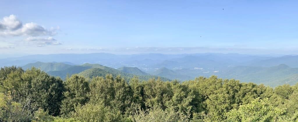 Panoramic view from Brasstown Bald showing layered Appalachian Mountains stretching to the horizon