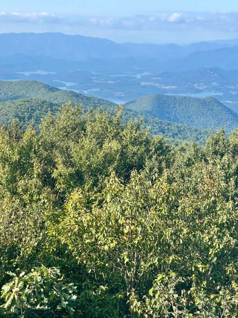 View from Brasstown Bald summit overlooking rolling Appalachian Mountains and distant lakes