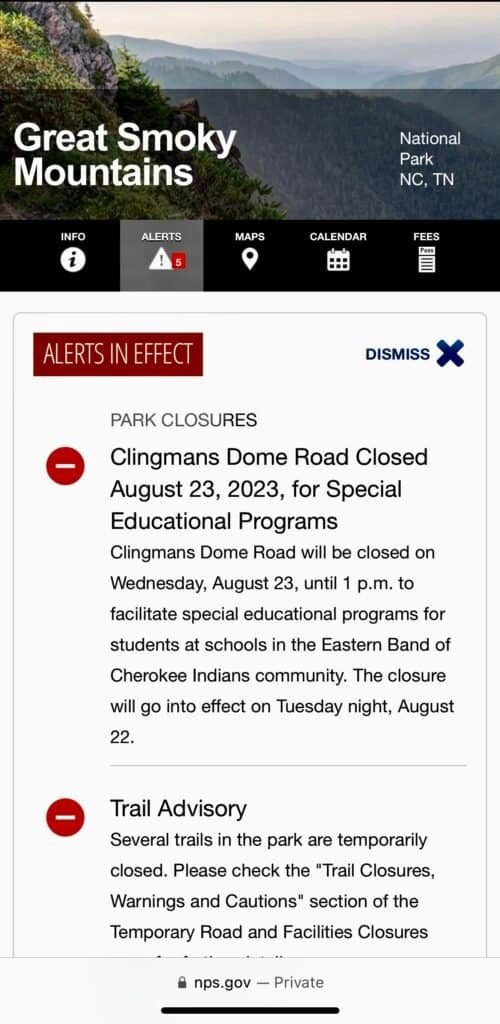 National Park Service alert showing Clingmans Dome Road closed on August 23, 2023