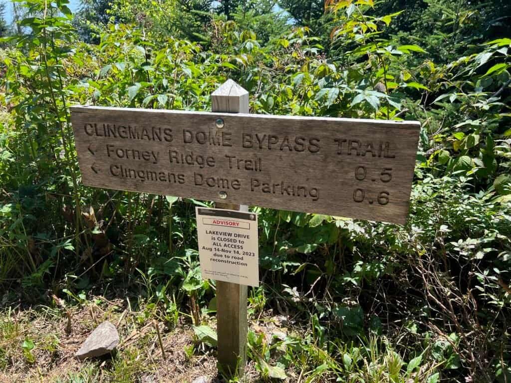 Directional sign for the Clingmans Dome Bypass Trail in Great Smoky Mountains National Park