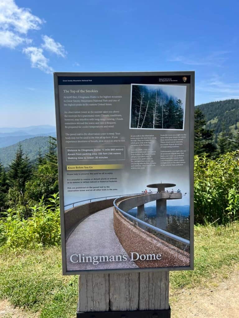 Informational sign describing Clingmans Dome in Great Smoky Mountains National Park