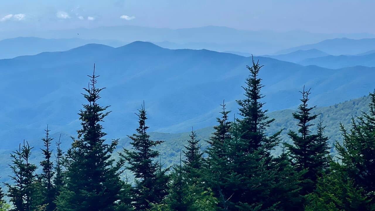 Layered mountain ridges in the Great Smoky Mountains viewed from Clingmans Dome, Tennessee’s highest point.