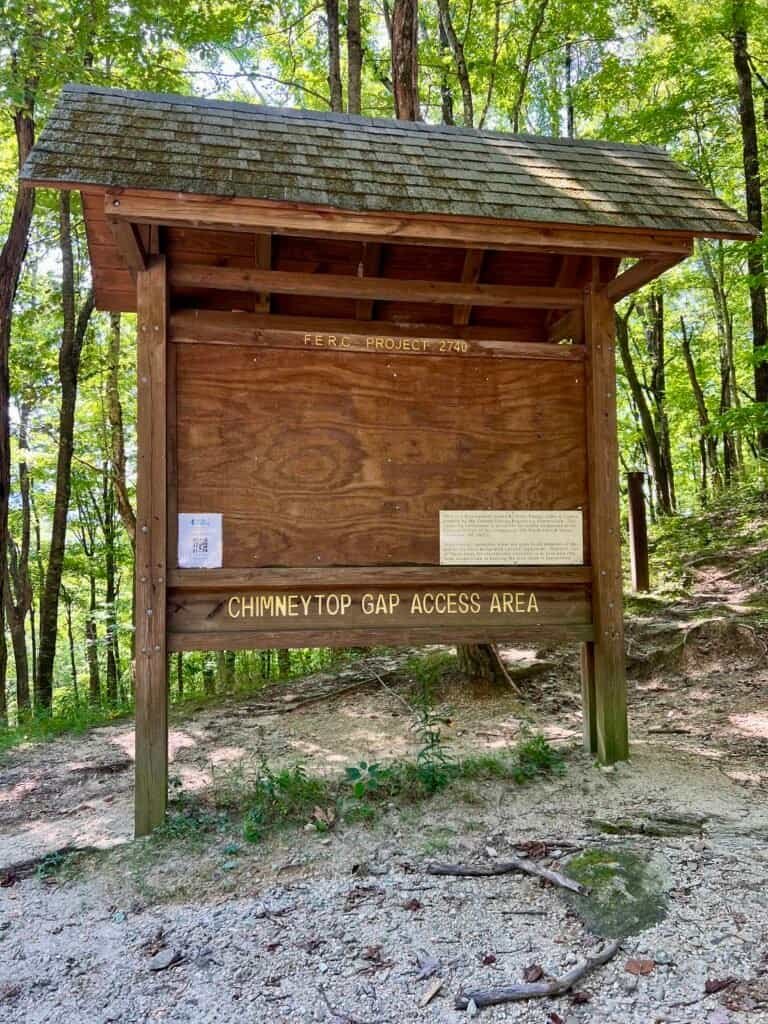 Chimney Gap access area sign along Sassafras Mountain Road marking the approach to the Foothills Trail