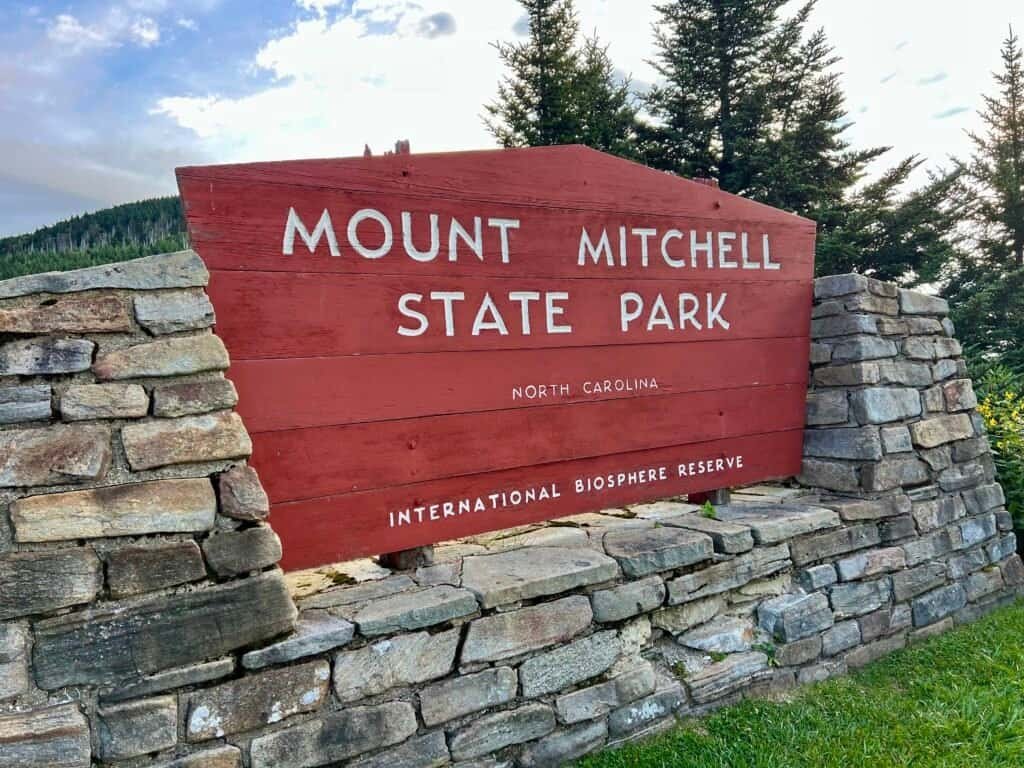 Entrance sign for Mount Mitchell State Park in North Carolina