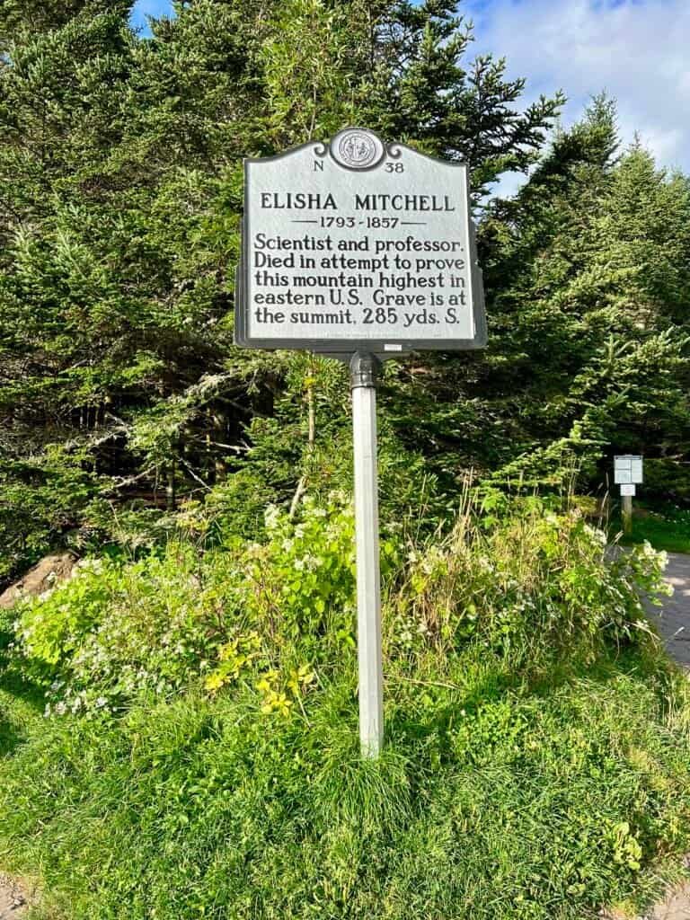 Elisha Mitchell historical marker near the summit of Mount Mitchell