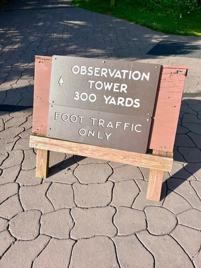 Sign pointing to Mount Mitchell observation tower, 300 yards away