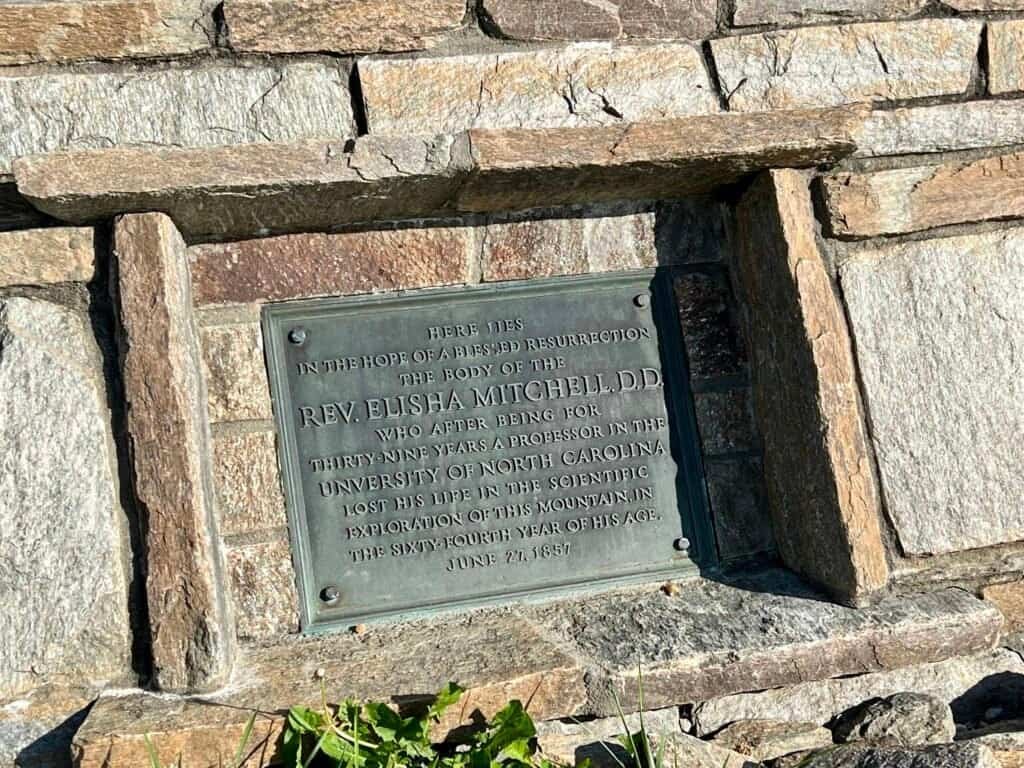 Historical plaque honoring Rev. Elisha Mitchell at Mount Mitchell summit